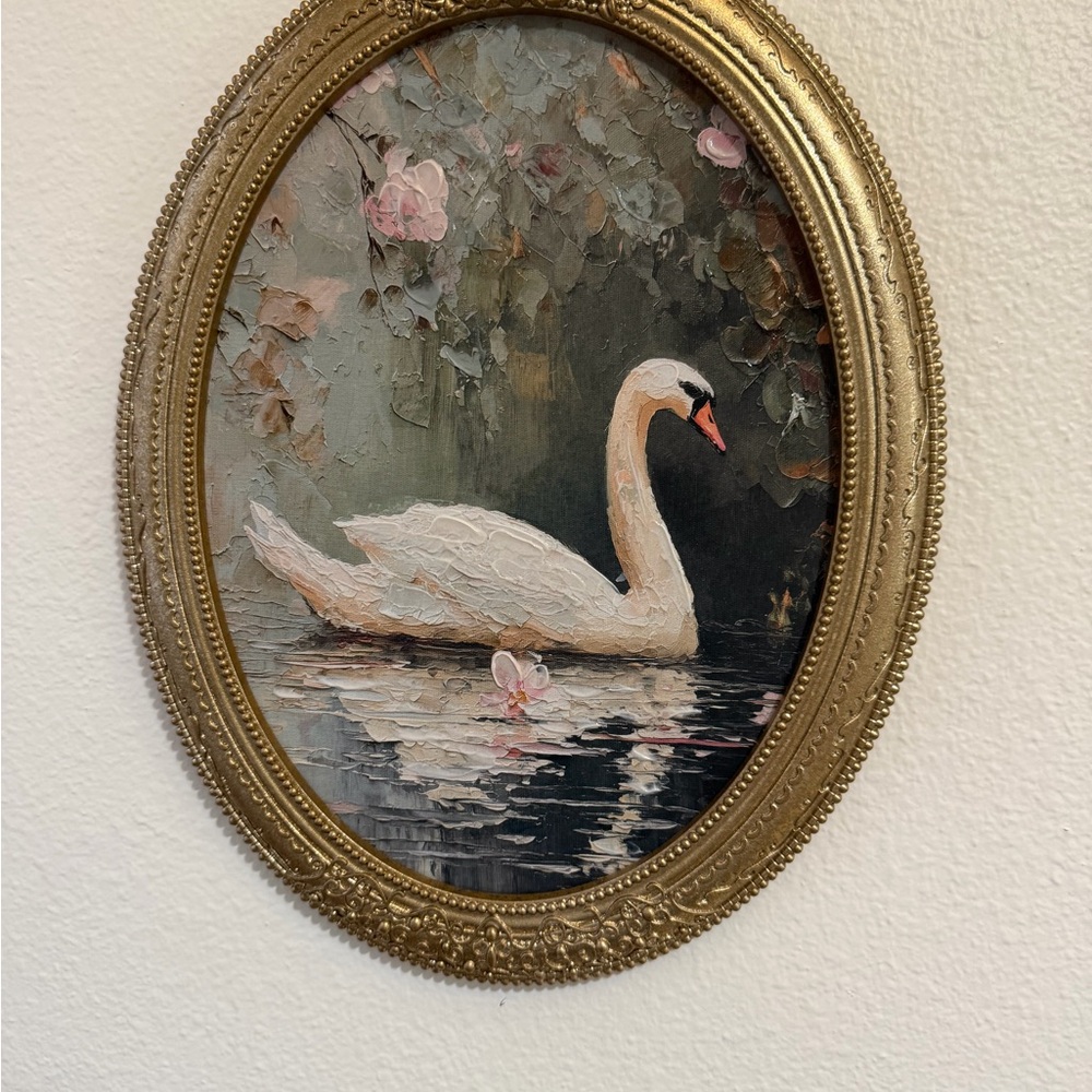 11x14 “lake Swan” Framed Oval glold glittery frame White Swan with Pink Flowers - Picture 6 of 12